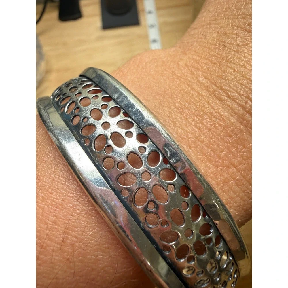 Silver Tone Perforated Cutout Metal Bangle Bracelet Retro Dark Academia Glam